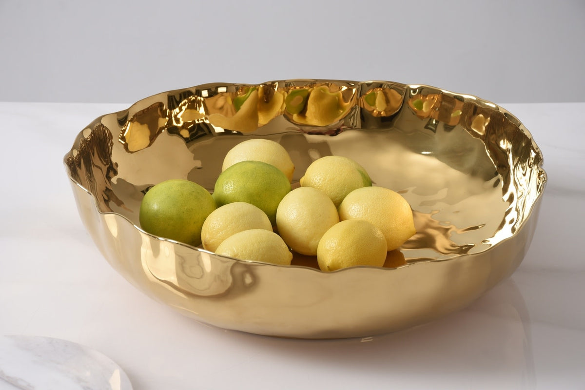 Extra large shallow porcelain serving bowl in Portofino gold finish