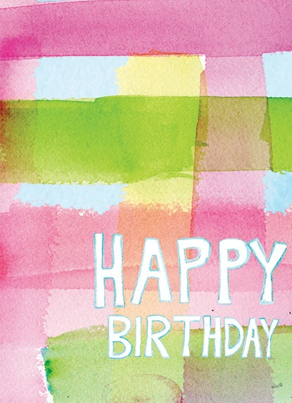 Happy Birthday card with watercolor stripes in pink, yellow, green, and blue.