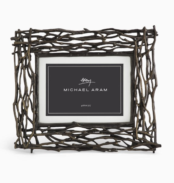 Oxidized goldtone twig frame holding a photo, convertible between vertical and horizontal orientations.