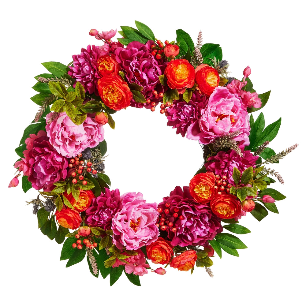 Round plastic wreath featuring a mixed pink floral pattern with green foliage accents.