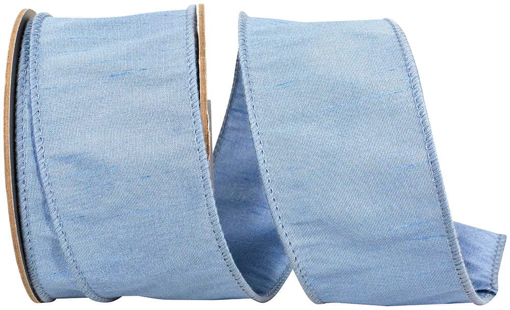 Two-and-a-half-inch wide dupioni wired edge ribbon in a solid color with textured weave.