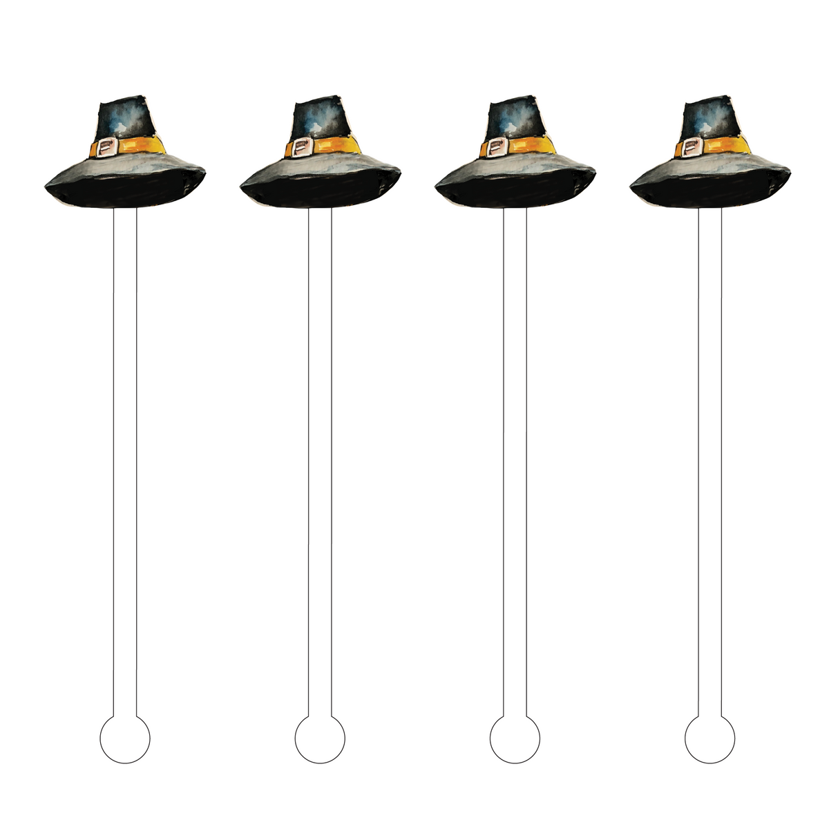 Pilgrim hat shaped acrylic stir stick in clear color with a wide brim silhouette.