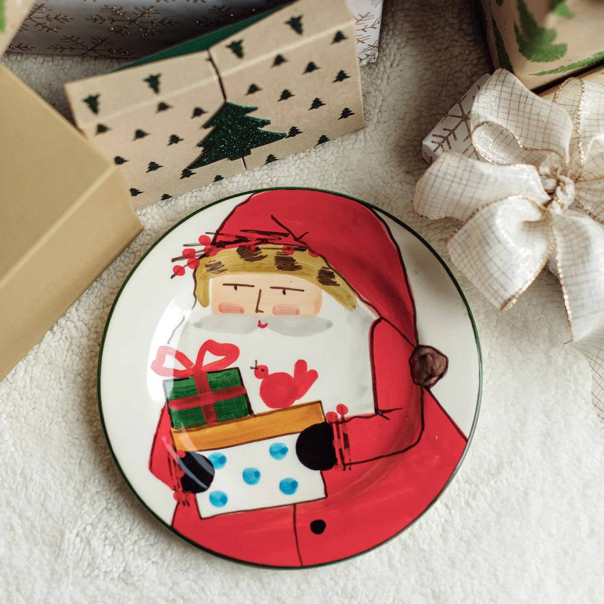 Hand-painted Old St. Nick 2026 Limited Edition Salad Plate featuring Santa holding gifts.