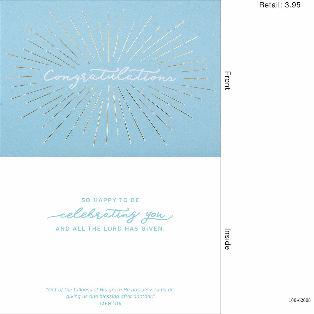 Gold burst congratulations card with John 1:16 text inside.