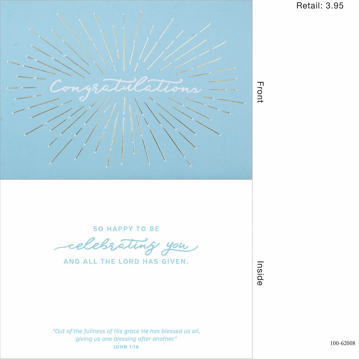 Gold burst congratulations card with John 1:16 text inside.