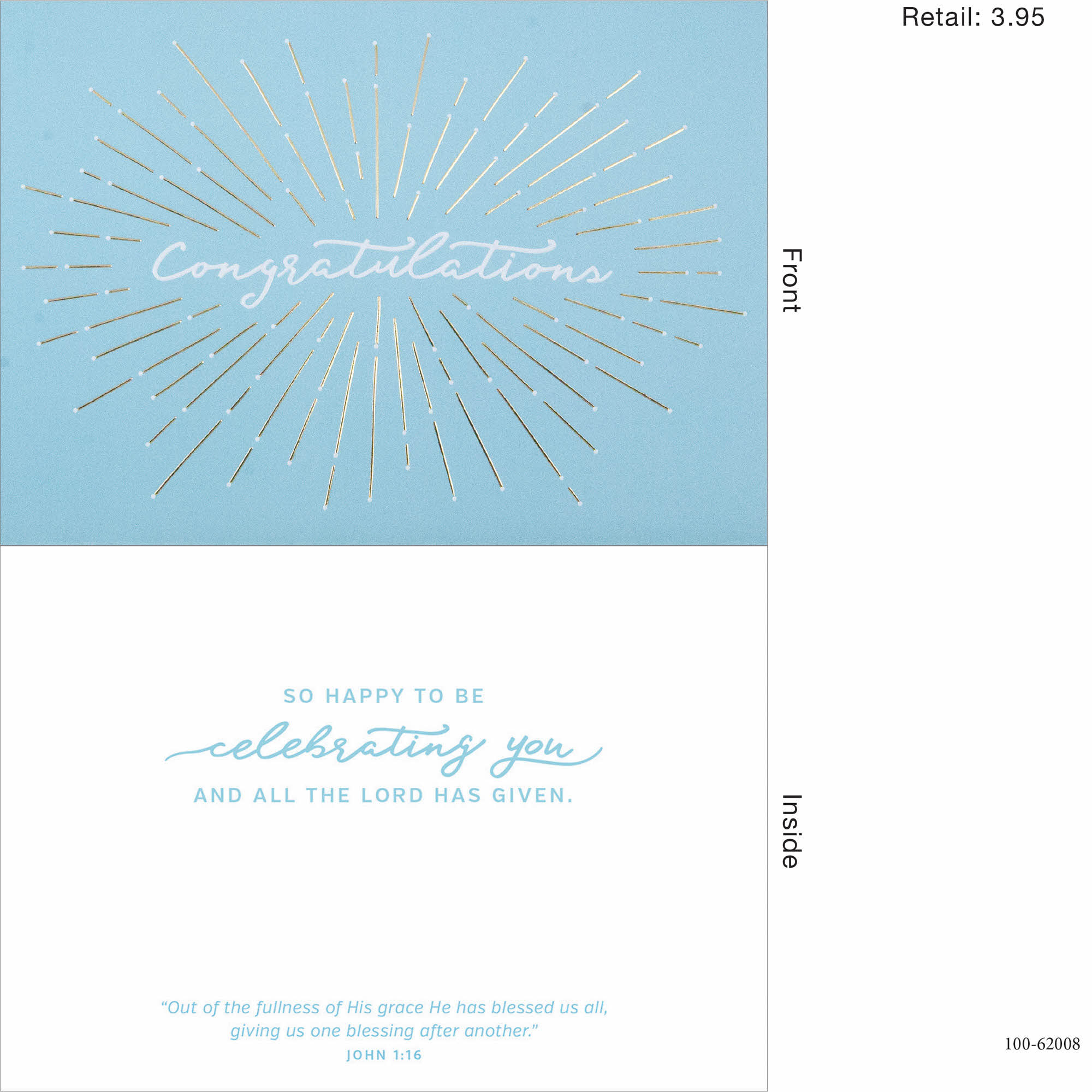 Gold burst congratulations card with John 1:16 text inside.
