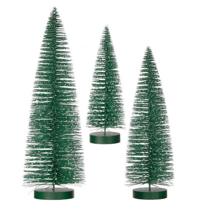 Three green snow-tipped bottle brush trees with circular bases in small, medium, and large sizes.