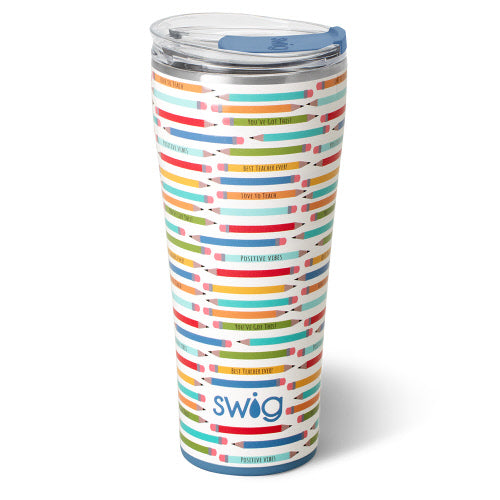 32oz stainless steel tumbler with a colorful pencil pattern and Swig logo on a white background.