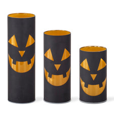 Set of 3 Black & Gold Laser Engraved Jack o Lantern LED Cylinder La