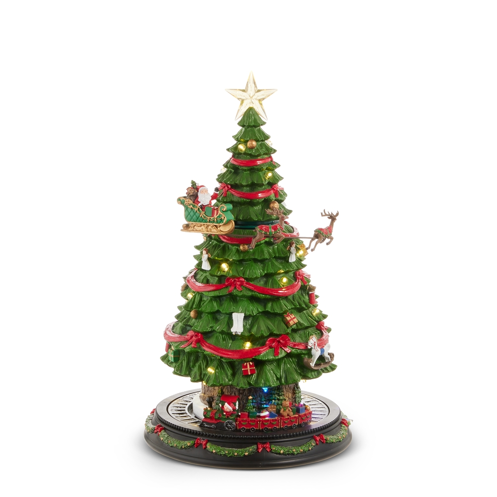 19-inch lighted animated Christmas tree with Santa's sleigh, reindeer, and a moving train at base.