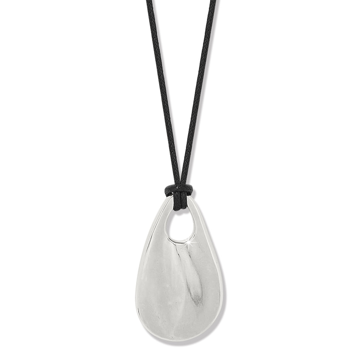 Silver plated adjustable cord necklace with a cascade drop pendant.