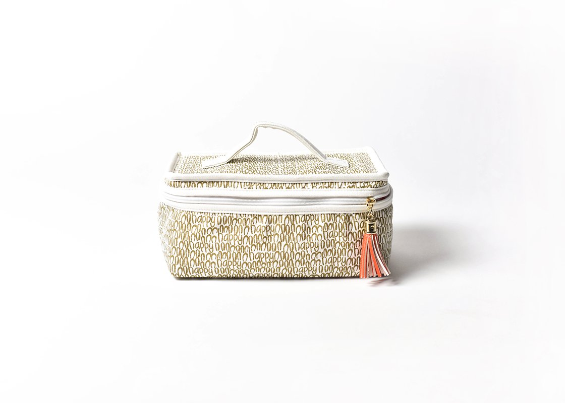 Gold Happy Everything! Mini Attachment Bag with white handle, zipper, and orange tassel.