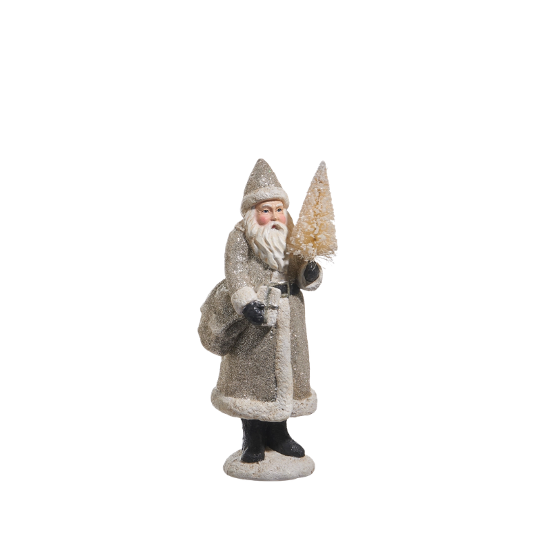 Glitter vintage Santa figurine in a silver coat holding a small tree and a gift bag.