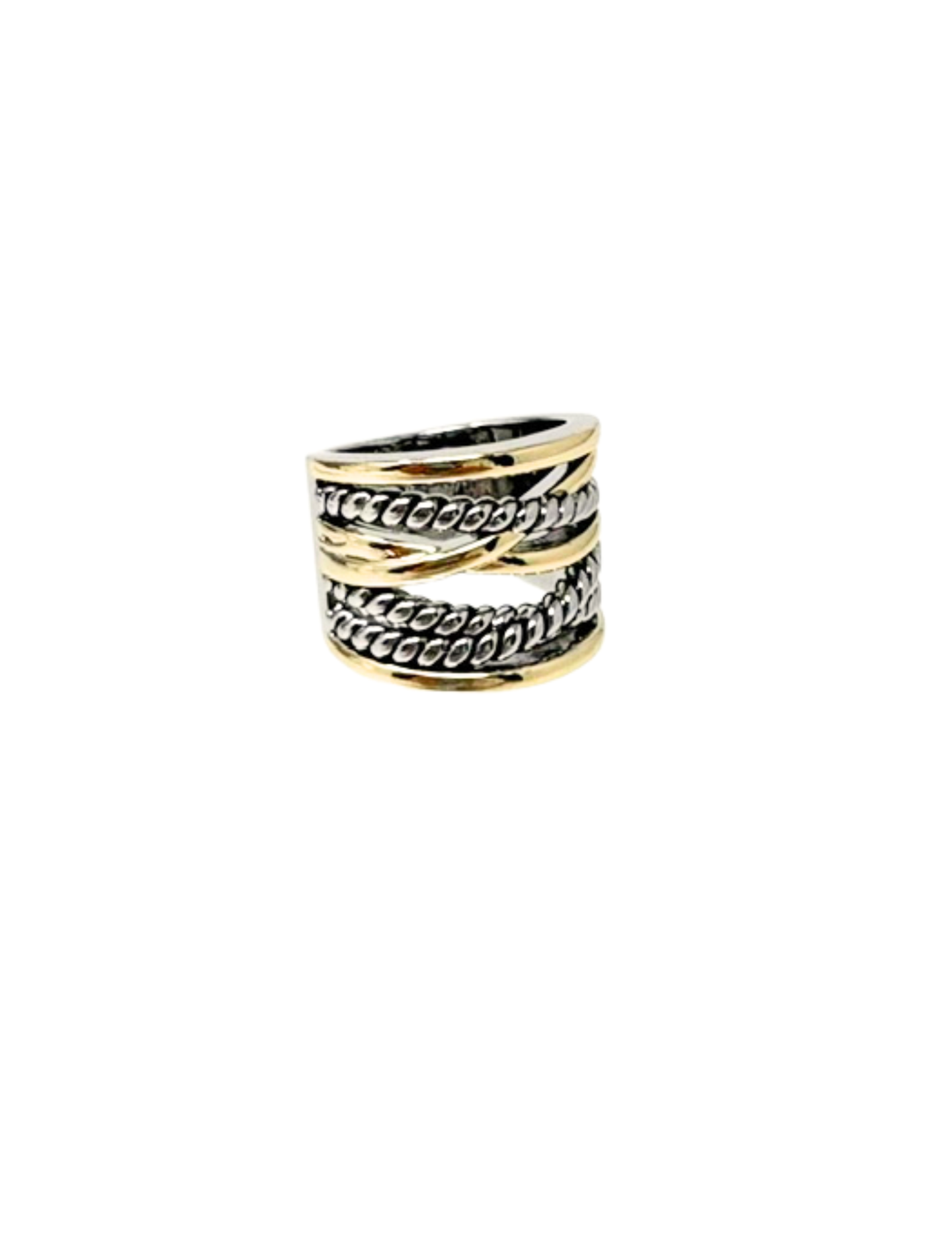 Fashion statement ring with a wide band featuring mixed silver rope and gold smooth textures.