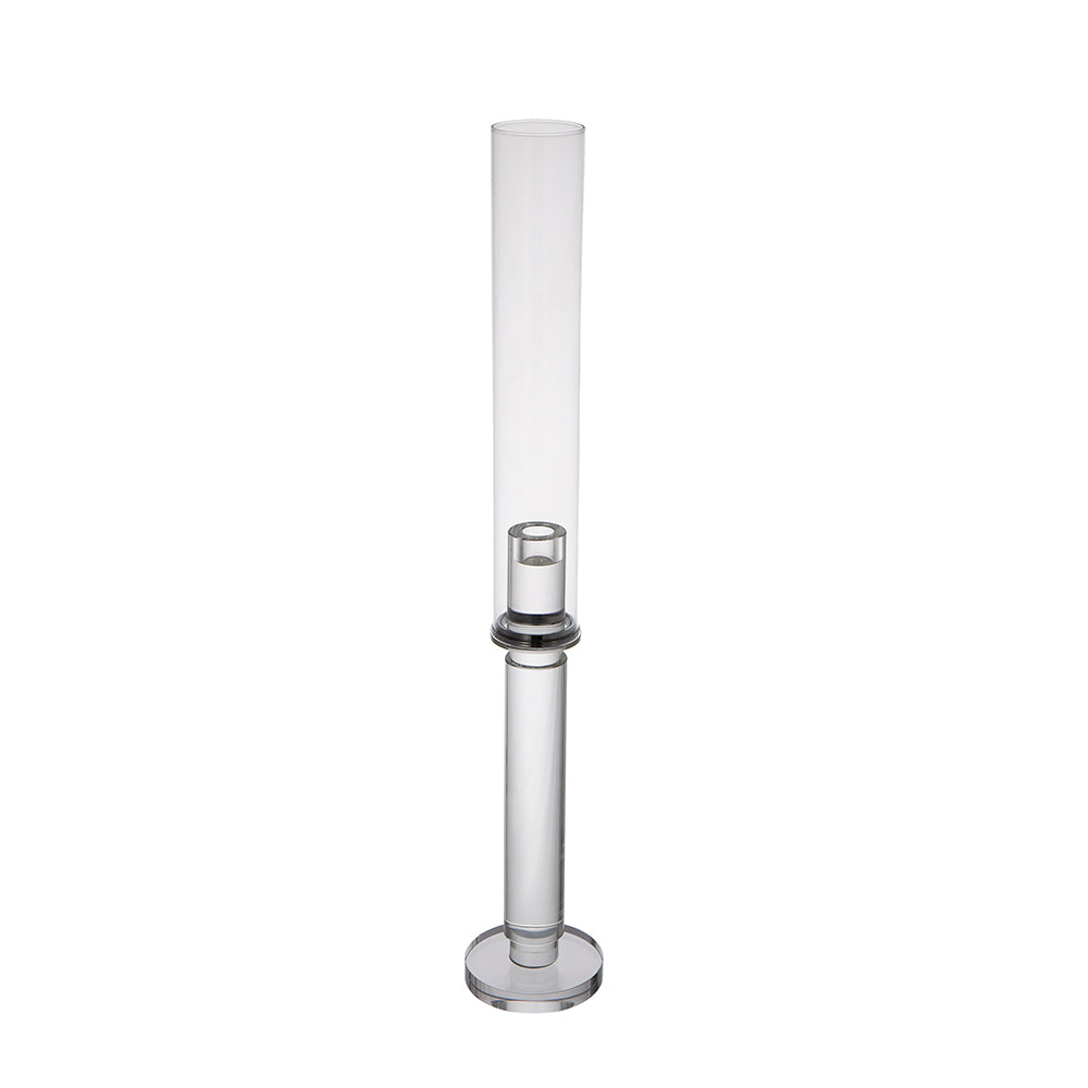 Clear glass cylinder candle holder with a round base and a narrow insert for a candle.