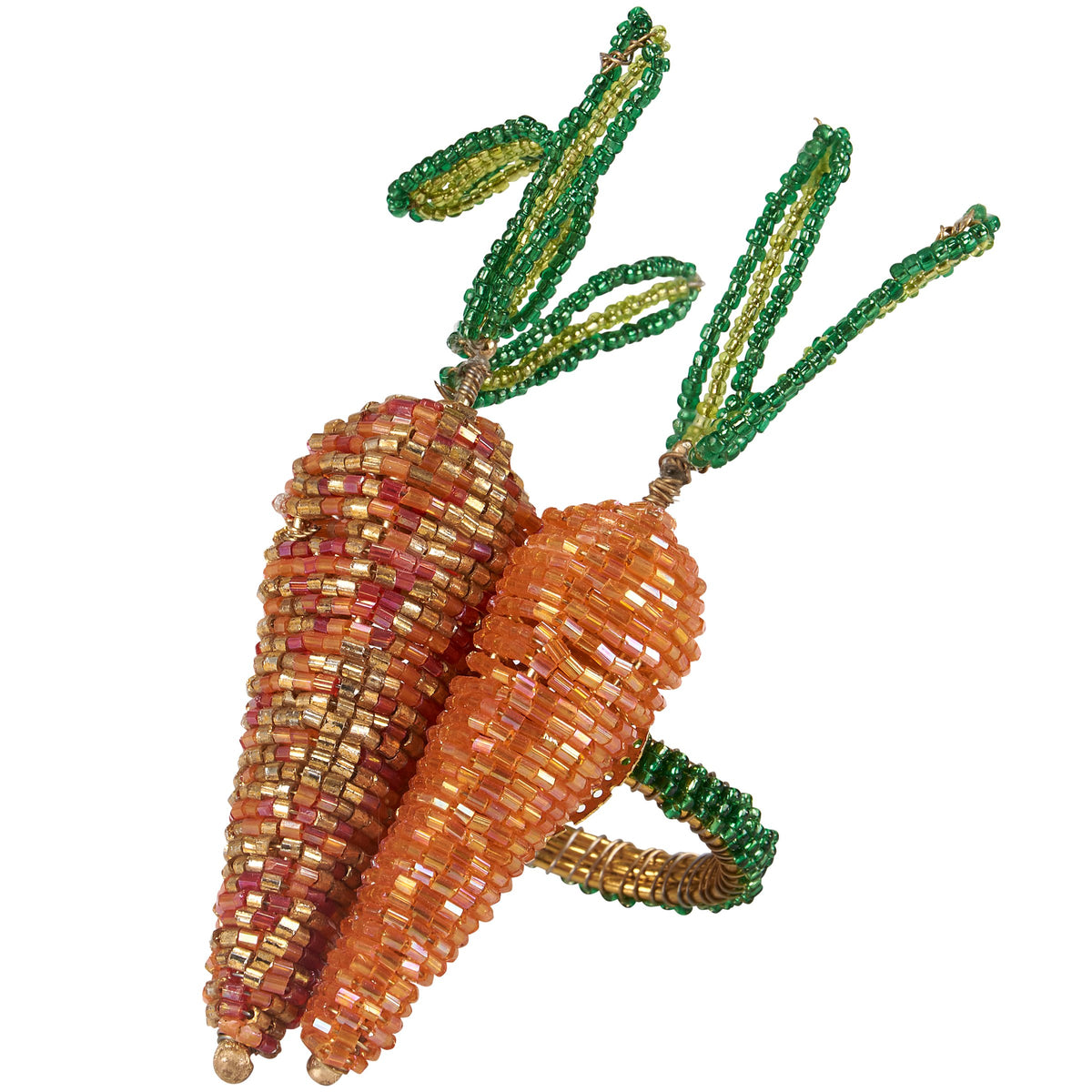Beaded carrot napkin ring featuring two orange carrots with green leafy tops on a gold wire ring.