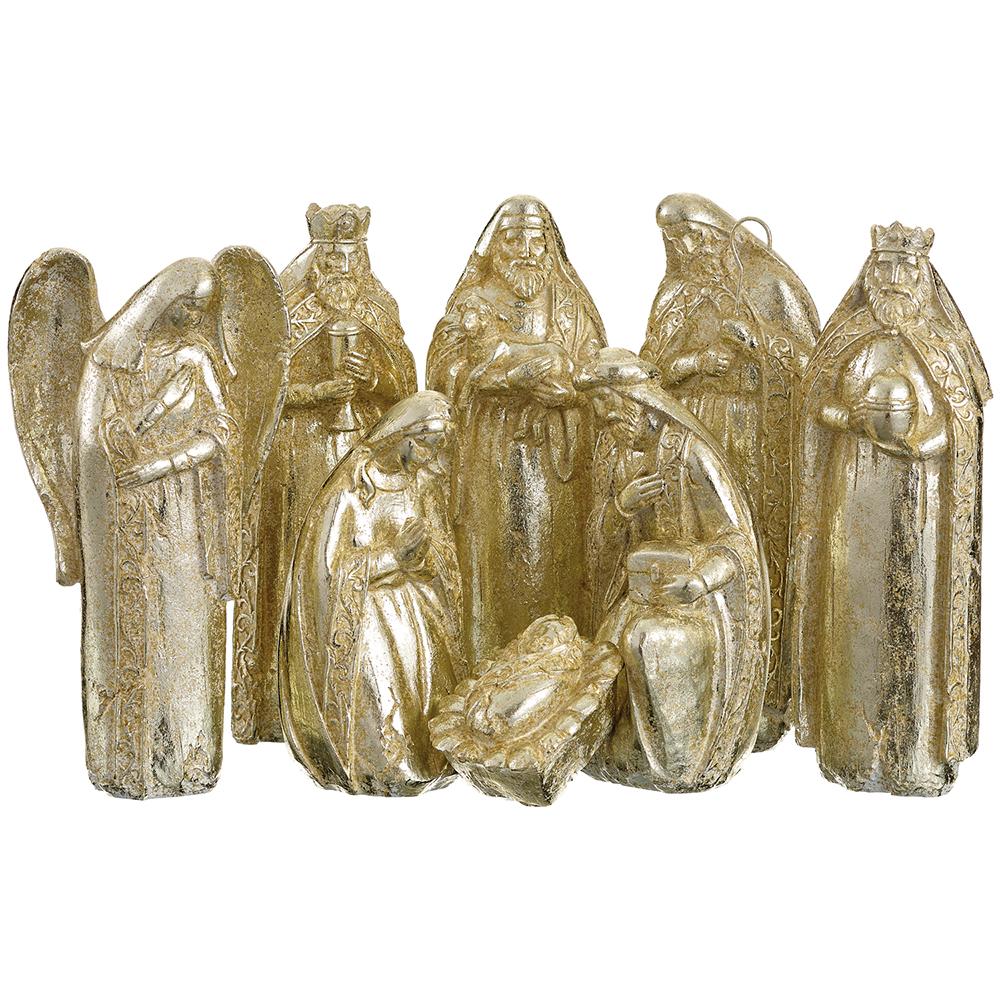 Gold nativity set with resin and stone materials featuring a 2-inch to 10-inch silhouette.