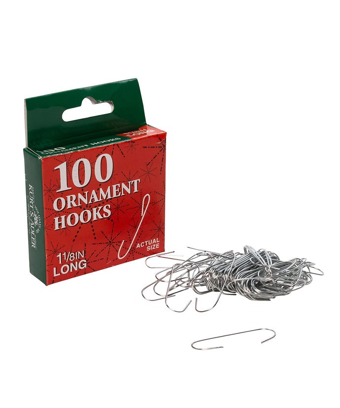 A box of 100 silver metal Christmas ornament hooks, 1 1/8 inches long.