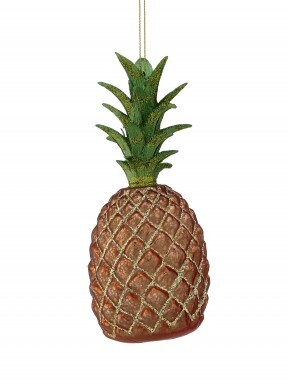 4.5-inch glass pineapple Christmas ornament with a bronze textured body and green glittered leaves.
