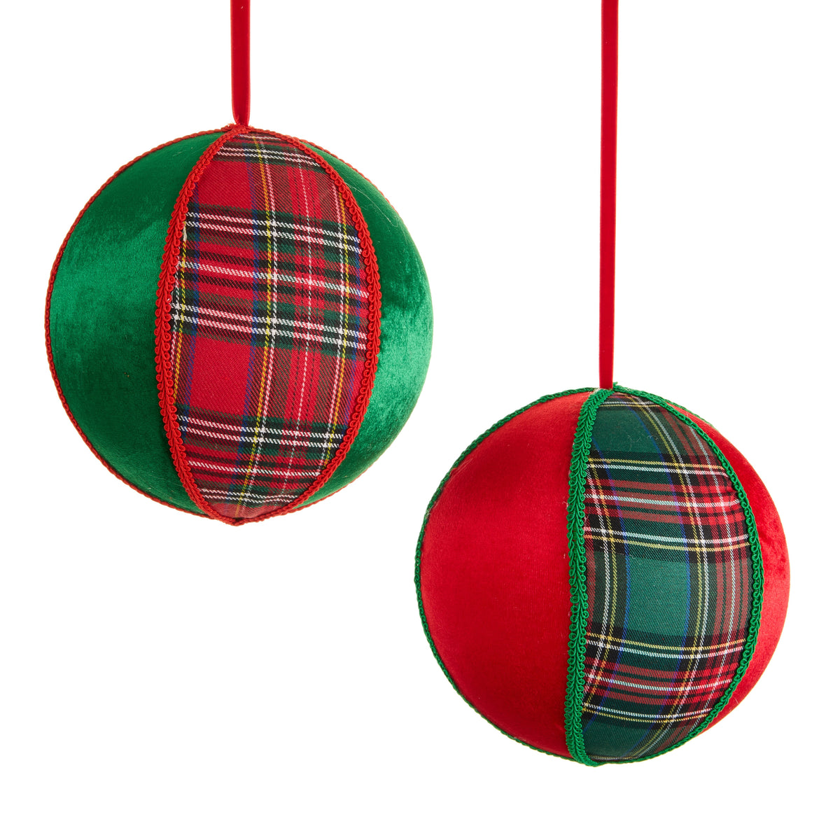 8-inch round velvet and plaid fabric Christmas ornaments in red and green with hanging ribbons.