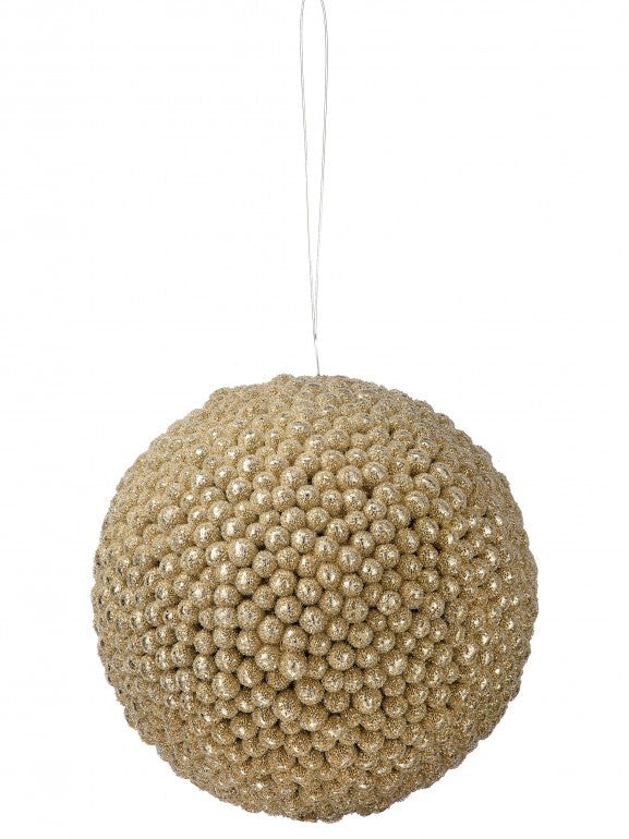 Gold beaded glitter berry ball ornament hanging from a thin silver wire.