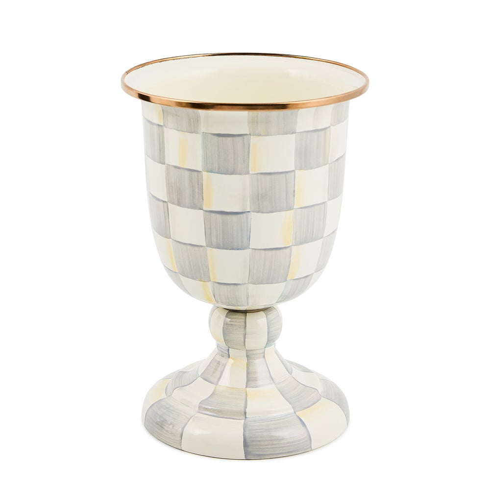 Elevated steel pedestal vase with hand-painted courtly check pattern in bronze and enamel.