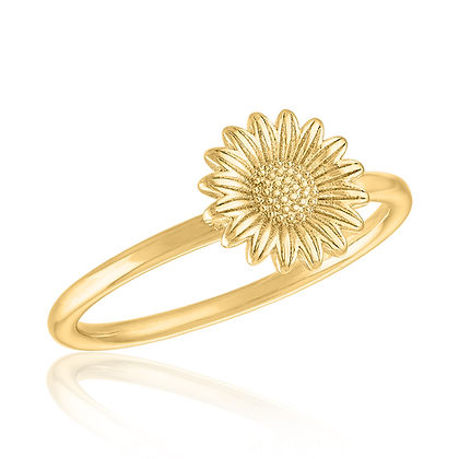 A delicate gold ring featuring a detailed sunflower motif on a thin band.