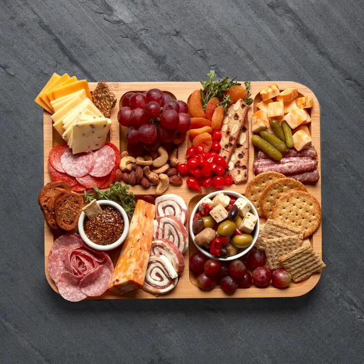 11x14 Bamboo 6 Slot Charcuterie Board with Black Handles
