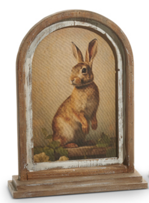 Vintage rabbit framed print on wood with linen texture in natural tones.