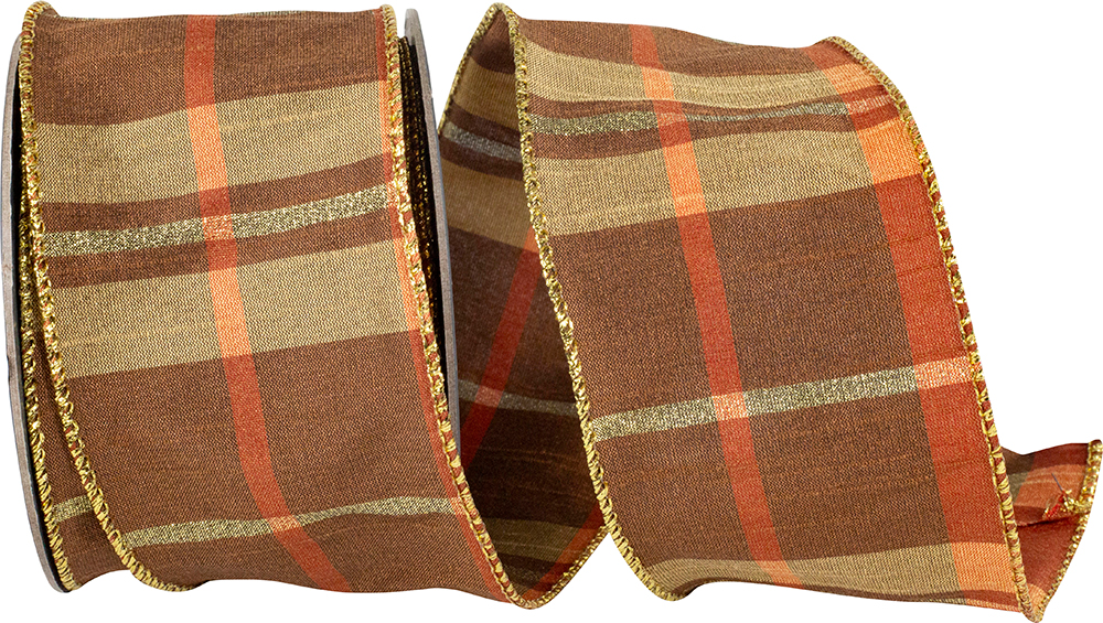 2.5 inch wide Plaid Mary Dupioni Metallic Wired Edge Ribbon in multi-color brown and orange.