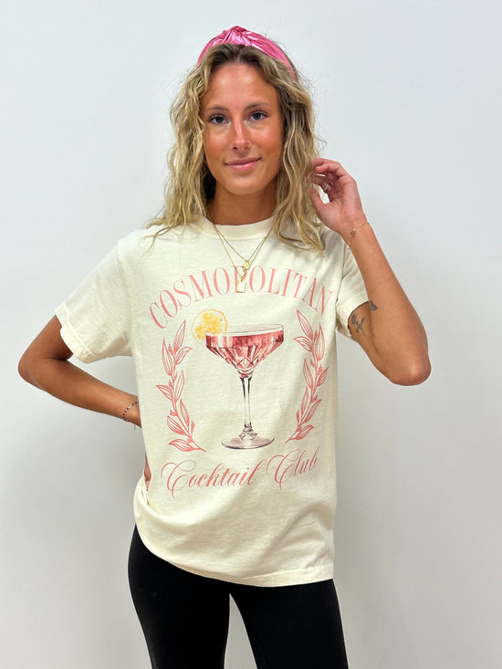 Yasmin Cocktail Club 5.0 graphic tee with playful cocktail-themed print on a comfortable fit silhouette.