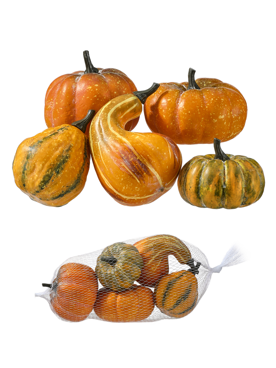 Set of five decorative faux pumpkins and gourds in orange and green, shown loose and in a mesh bag.