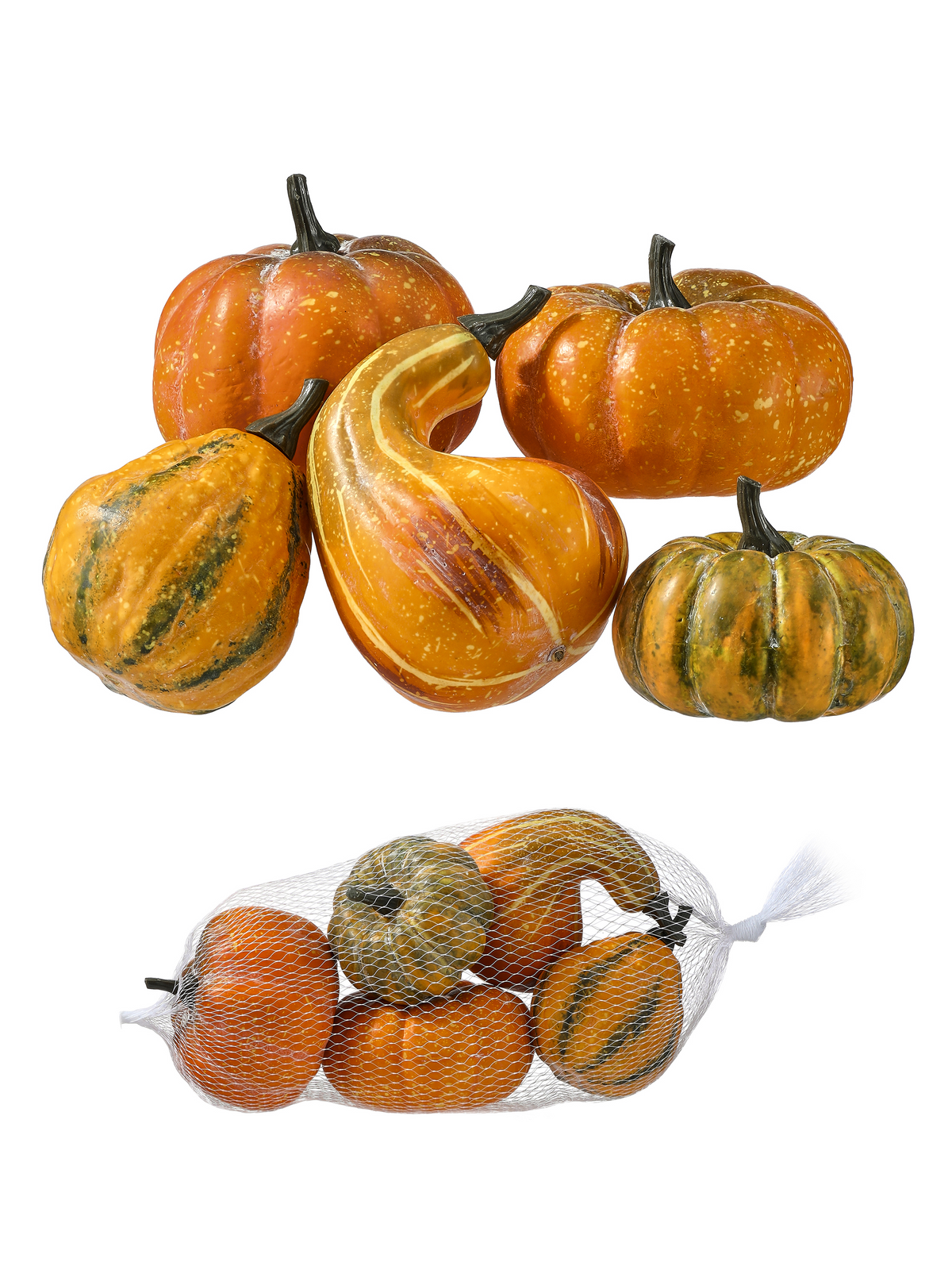 Set of five decorative faux pumpkins and gourds in orange and green, shown loose and in a mesh bag.
