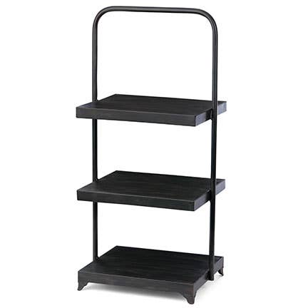 Tall rectangular metal display stand with three tiers in a matte black finish.