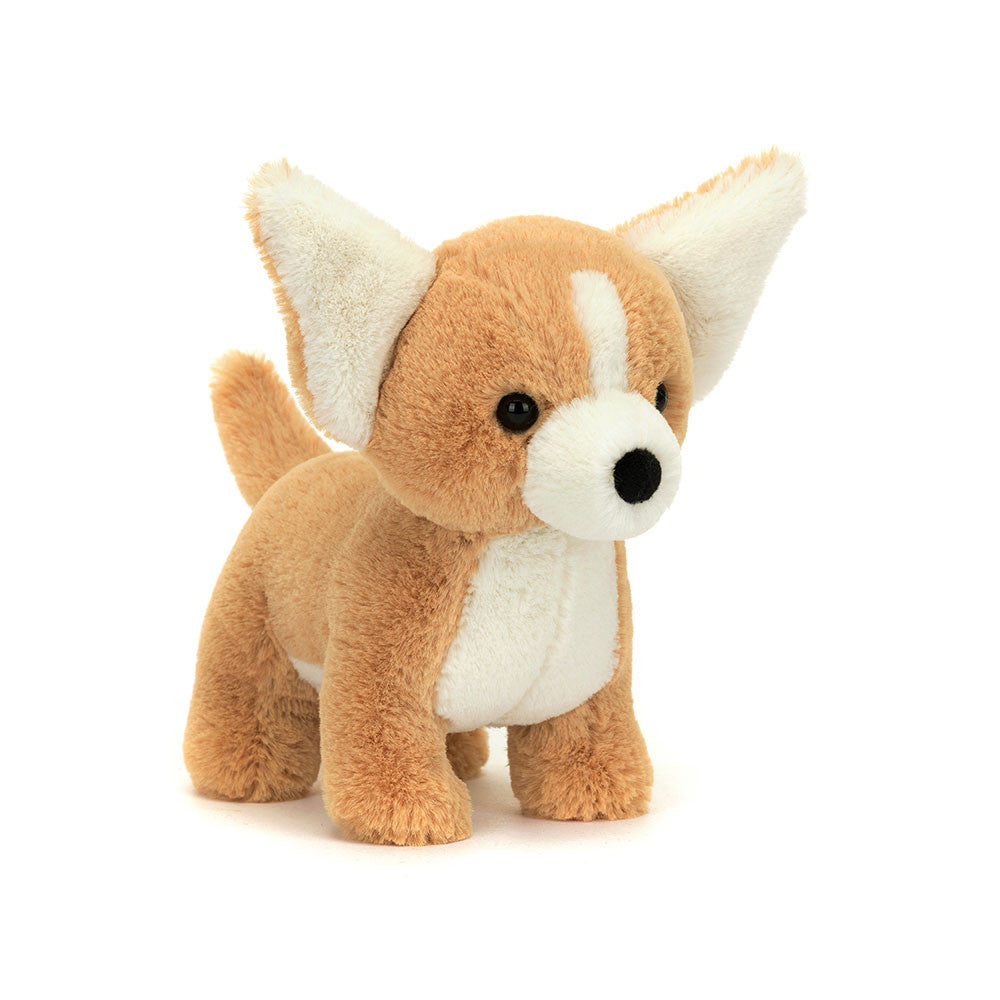 Sitting Isobel Chihuahua plush toy in polyester with PE bean filling.