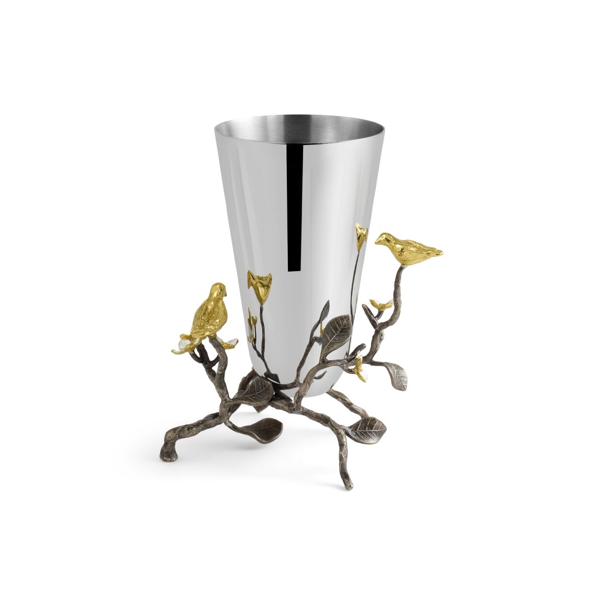 Small stainless steel vase with oxidized brass accents featuring white four-petaled enamel flowers.