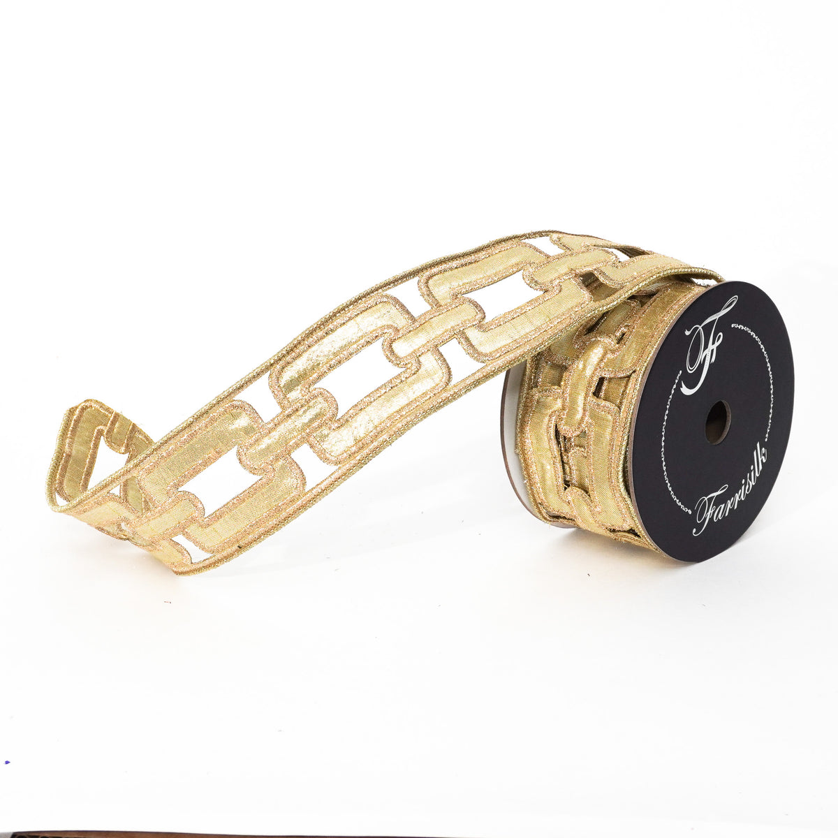 2.25 inch by 5 yard gold Christmas chain ribbon on a black spool.
