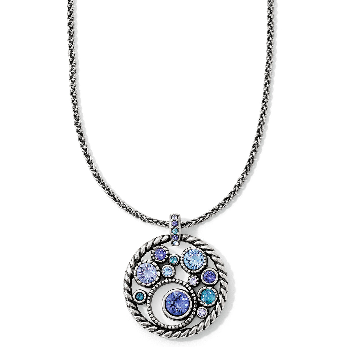 Silver plated Halo Necklace with Tanzanite crystal pendant on a lobster claw clasp chain.