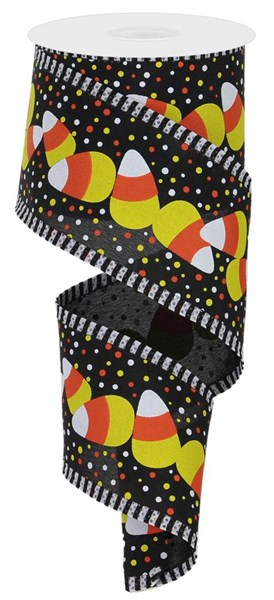 2.5 inch candy corn and stripe ribbon on a spool, black with yellow, orange, and white patterns.