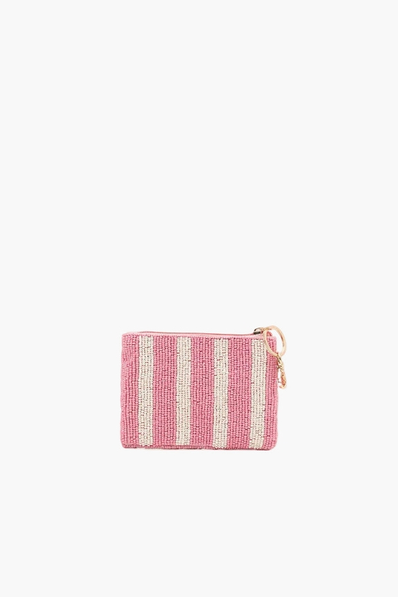 Pink and white striped beaded coin pouch with a gold-tone zipper and key ring.