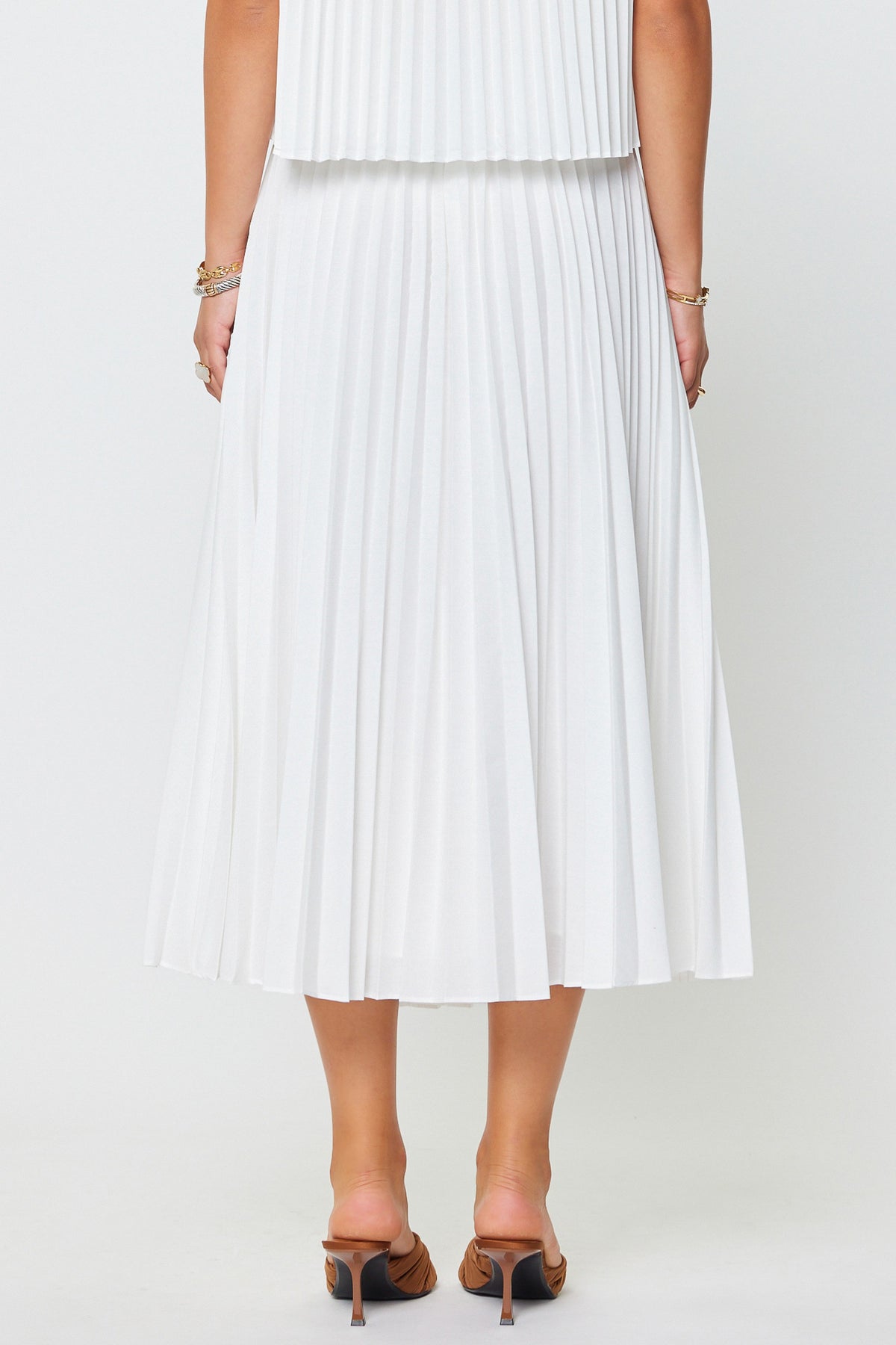 Ivy pleated A-line midi skirt with smocked back waist in poly-cotton blend