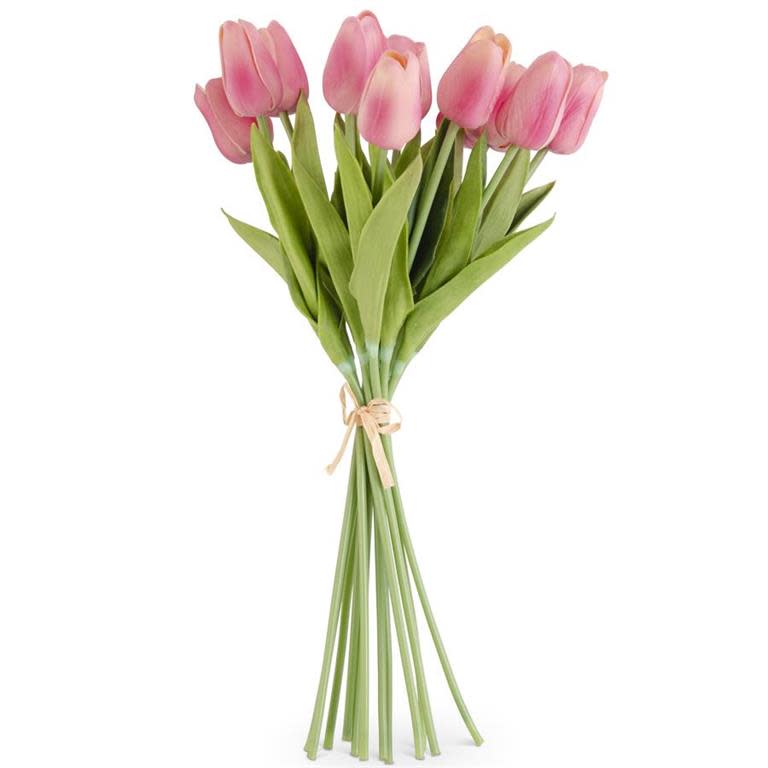 Bundle of three black polyurethane mini tulips with green leaves on a 13-inch stem.