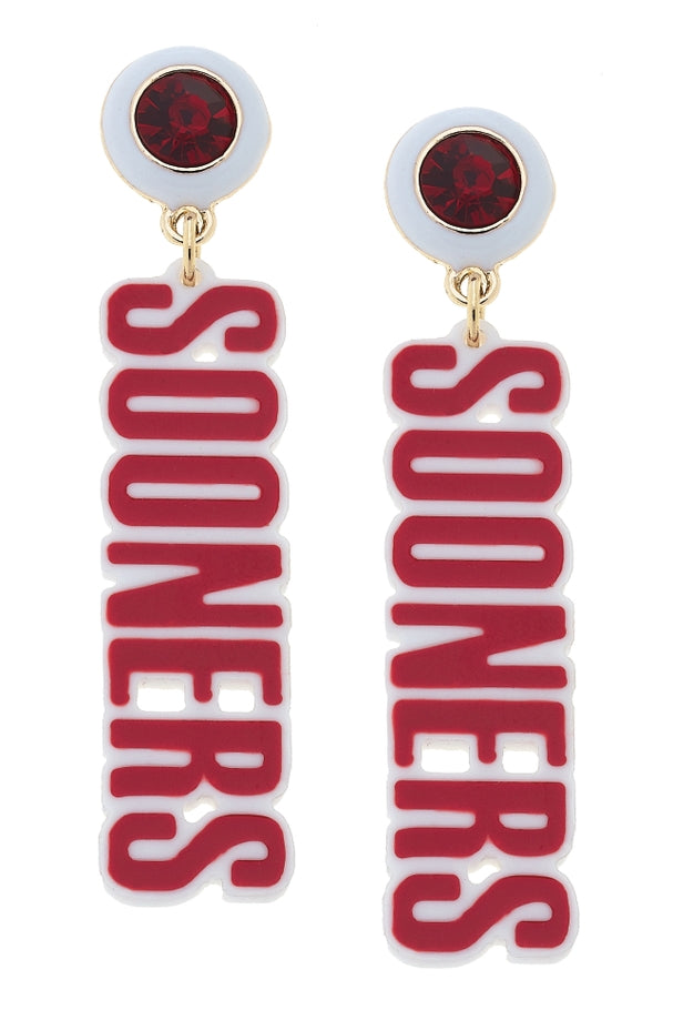 Resin block letter earrings spelling 'Sooners' in crimson with shiny gold plated base metal.