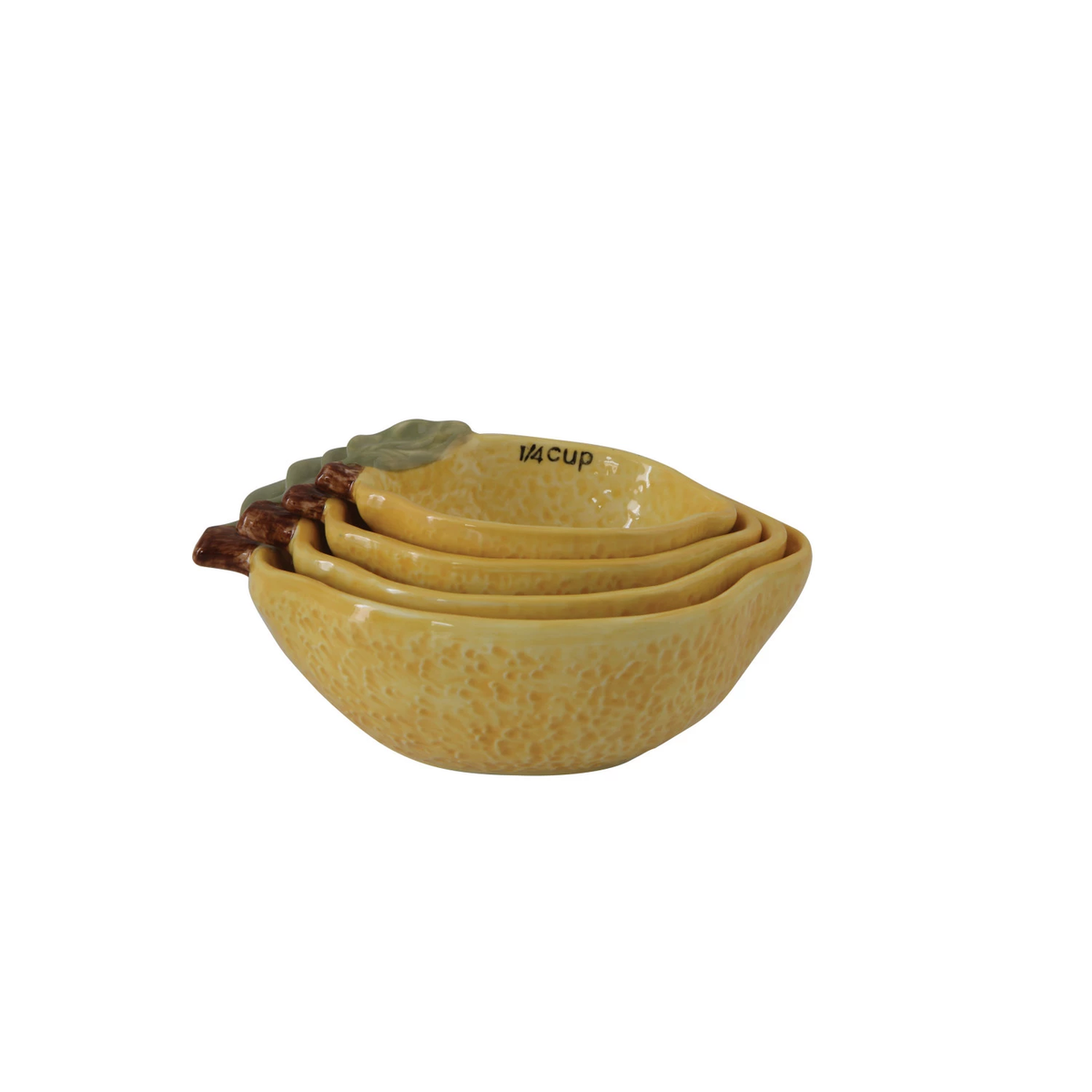 Set of four white stoneware lemon-shaped measuring cups with handles.