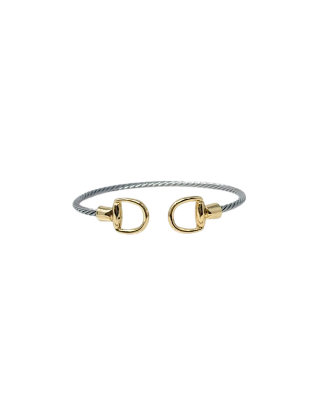 Dainty silver twisted cable cuff bracelet with gold-tone horse bit end accents.