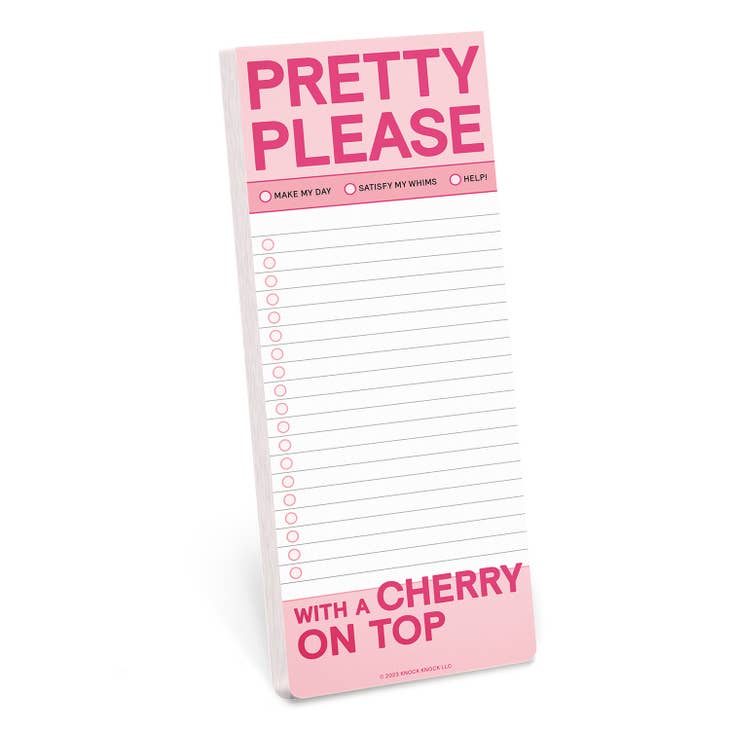 Pink and white Pretty Please Make-A-List Pad with checkboxes and 'With a cherry on top' text.