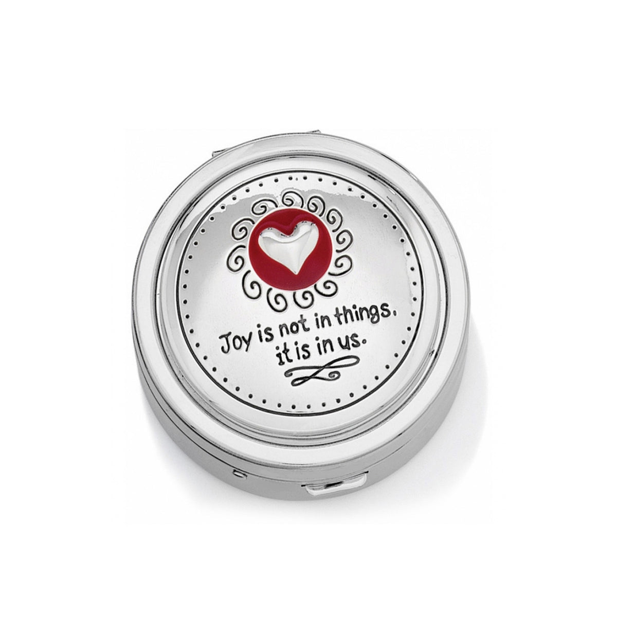 Silver-plated Joyful Heart pill box with red accents and a pressure-release top closure.