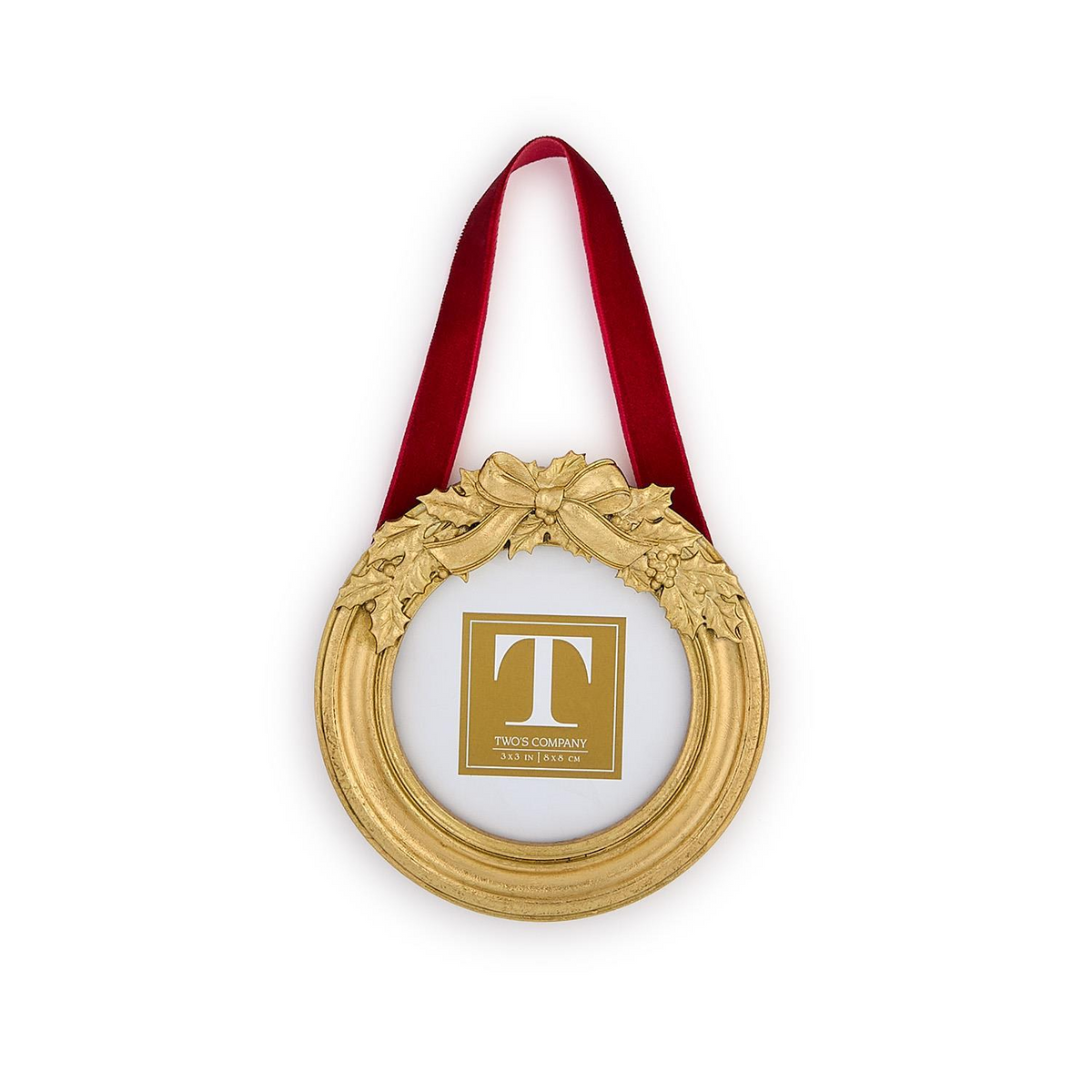 Round gold holly leaf hanging photo frame ornament with a red velvet ribbon loop.