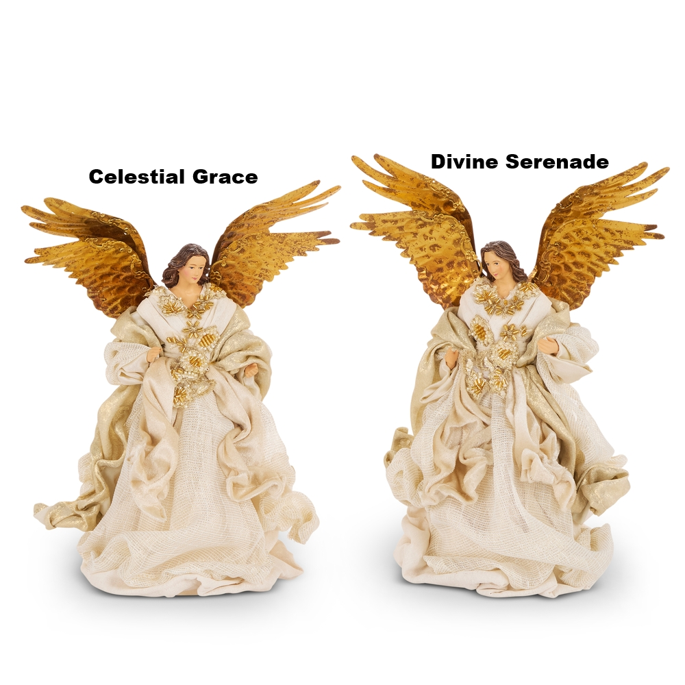Two 10-inch gold and ivory angel tree toppers with large wings and flowing fabric gowns.