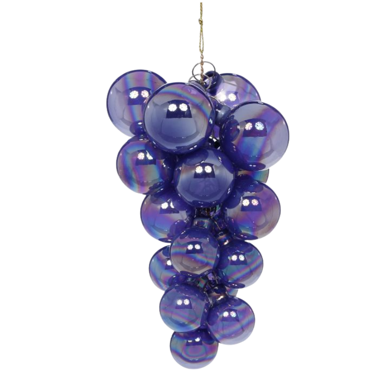 Pearl Grape Cluster Ornament featuring iridescent purple glass grapes hanging from a gold string.